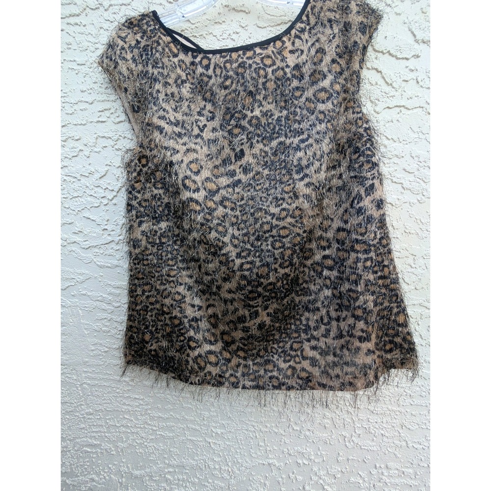 Ann Taylor Leopard Eyelash Fringe Top Sz 4 Brown Black Cap‎ Sleeves